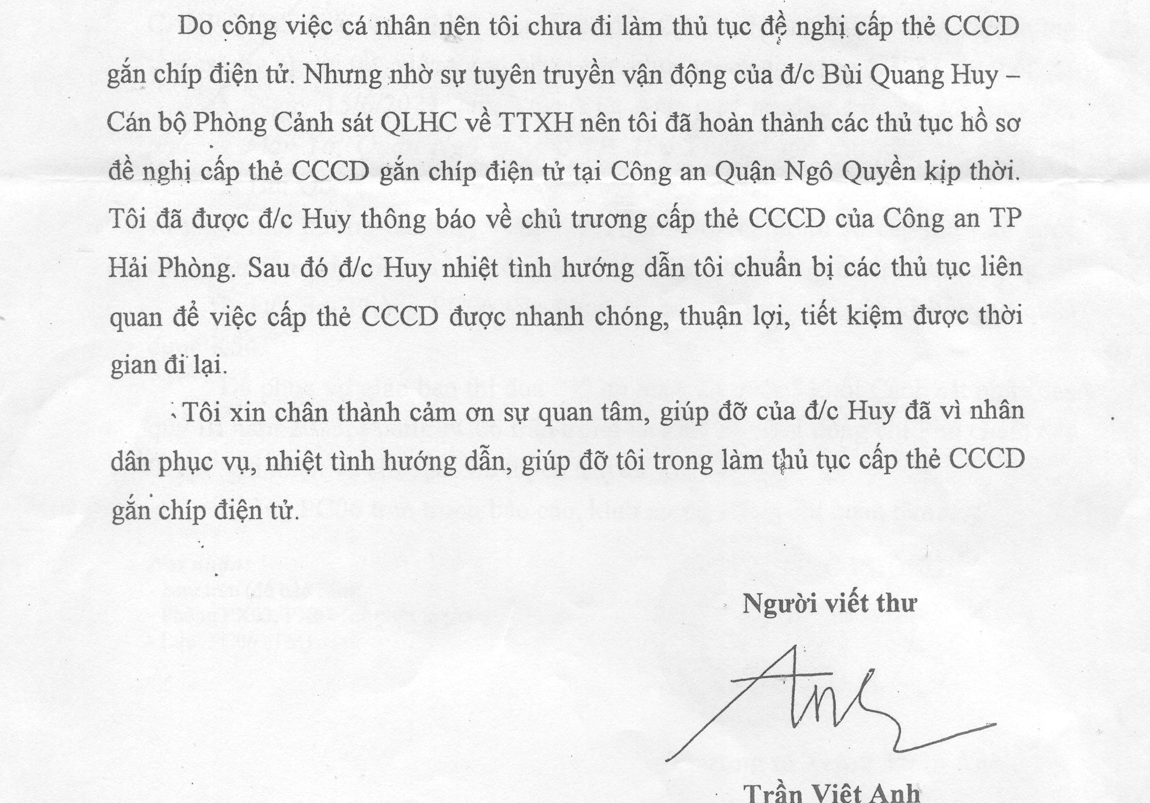 Người dân gửi thư khen Phòng Cảnh sát Quản lý hành chính về trật tự xã hội